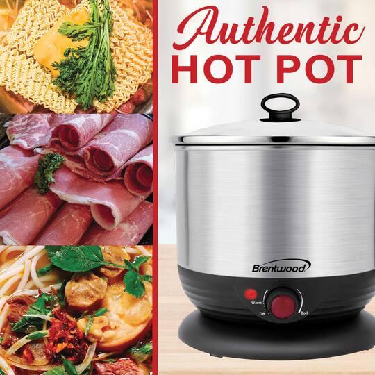 Brentwood Black 1.3qt. 600 Watt Stainless Steel Cordless Electric Hot Pot Cooker & Food Steamer With Swivel Base